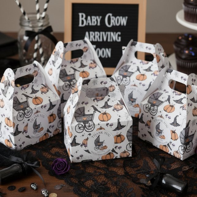 Custom Goth Viktorianisch Baby Carriage Halloween Geschenkschachtel (Cute Gothic Halloween Baby Shower Favor Boxes in Gray. Spooky Vintage Baby Carriage Pumpkins Bats)