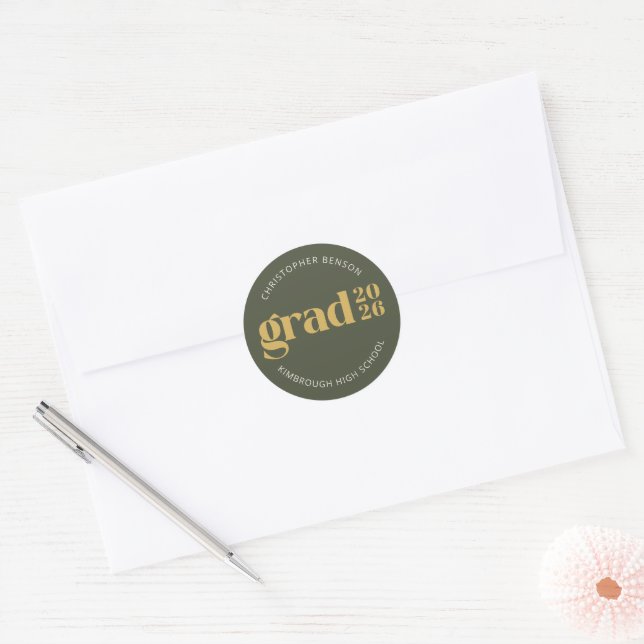 Custom Grad 2026 Olive Green Gold Graduation Seals Runder Aufkleber (Umschlag)