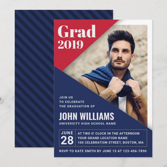Custom GRAD Modern Red Blue White Foto Abschluss Einladung (Vorne/Hinten)