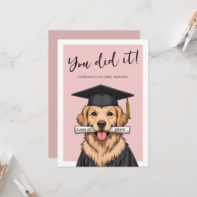 Custom Graduation Cute Golden Retriever Karte (Vorderseite/Rückseite Beispiel)