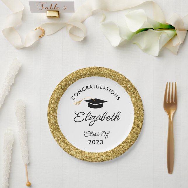 Custom Graduation Party für Schwarz und Gold Glitz Pappteller (Hochzeit)