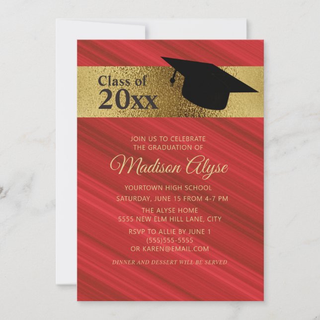 Custom Graduation Party Red Black Gold Cap Einladung (Vorderseite)