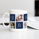 Custom Grampy Großvater Foto Collage Kaffeetasse<br><div class="desc">Schaffen Sie einen süßen Sake für einen geliebten Großvater an diesem Tag des Vaters oder Großelterntags mit diesem einfachen Design, das sechs Ihrer Lieblings-Instagram-Fotos enthält, geordnet in einem Collage-Layout mit abwechselnden Quadraten in marineblau, in dem "Grampy" geschrieben wird. Personalisieren Sie mit den Lieblings-Fotos seiner Enkel für ein wertvolles Geschenk für...</div>