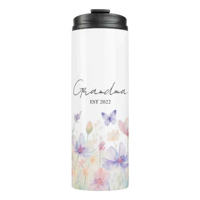 Custom Grandma Est. Year -  Flower and Butterfly  Thermosbecher (Vorderseite)