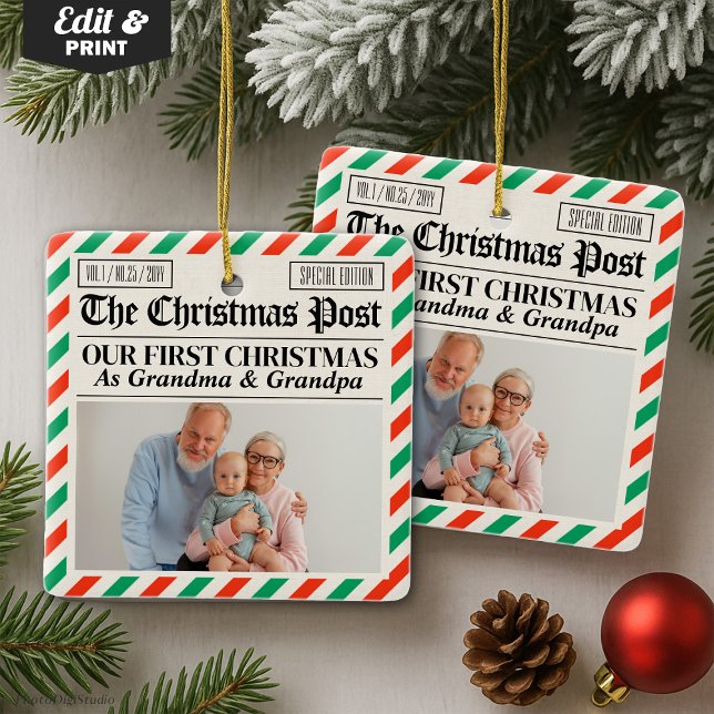 Custom Grandparents Our First Christmas Newspaper Keramikornament (Custom Grandparents Our First Christmas Newspaper Ceramic Ornament)