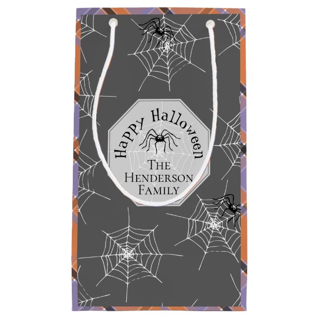 Custom Gray Spiders & Halloween Kariert Kleine Geschenktüte (Vorderseite)
