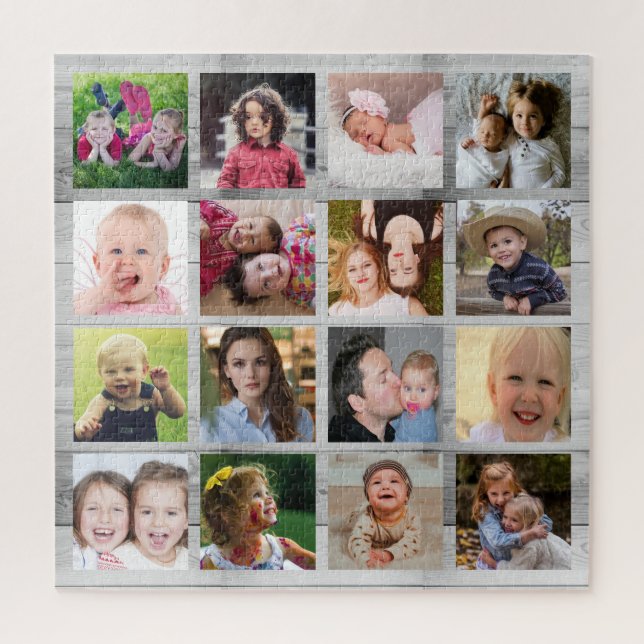 Custom Gray Wood 16 Square Familie Foto Collage Puzzle (Vertikal)