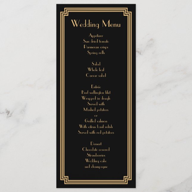 Custom Great Gatsby Art Deco Black Wedding Menü Menükarte (Vorderseite)