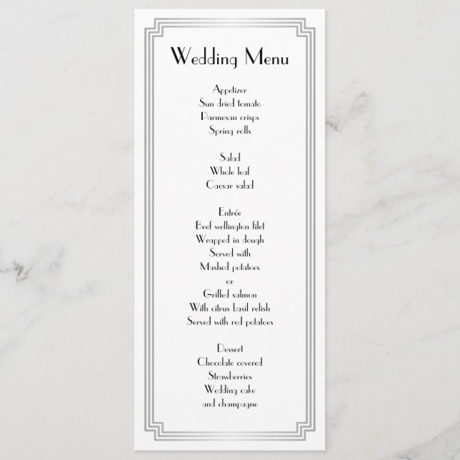 Custom Great Gatsby Art Deco Silver Wedding Menü Menükarte (Vorderseite)