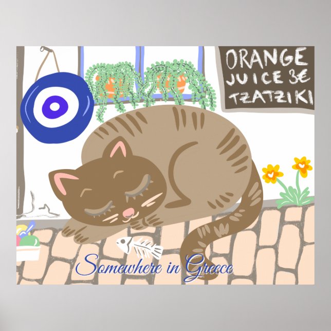 Custom Greek Taverna Cat Mediterranean Scene Poster (Vorne)