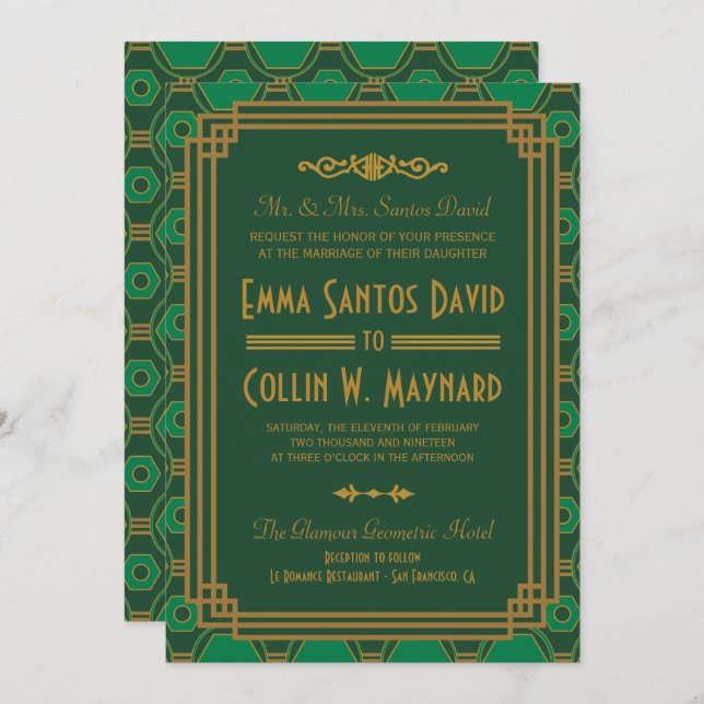 Custom Green Art Deco Wedding lädt ein Einladung (Vorne/Hinten)
