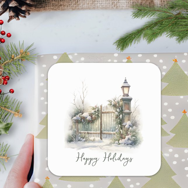 Custom Green Folies Berries Snow Winter Weihnachte Quadratischer Aufkleber (Von Creator hochgeladen)