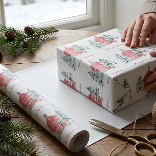 Custom Green Forest Red Barn Pine Weihnachtsbaum Geschenkpapier