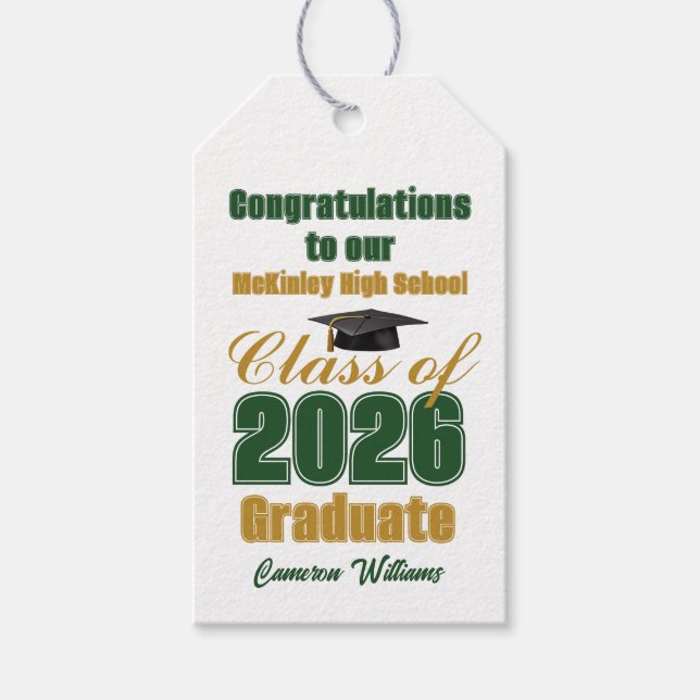 Custom Green Gold Class of 2026 Graduation Party Geschenkanhänger (Vorderseite)