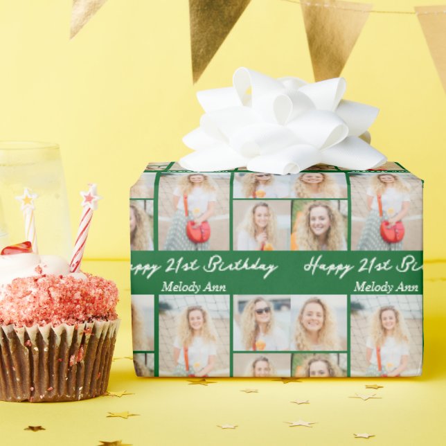 Custom Green Happy Birthday Photo Collage Geschenkpapier (Geburtstagsparty)