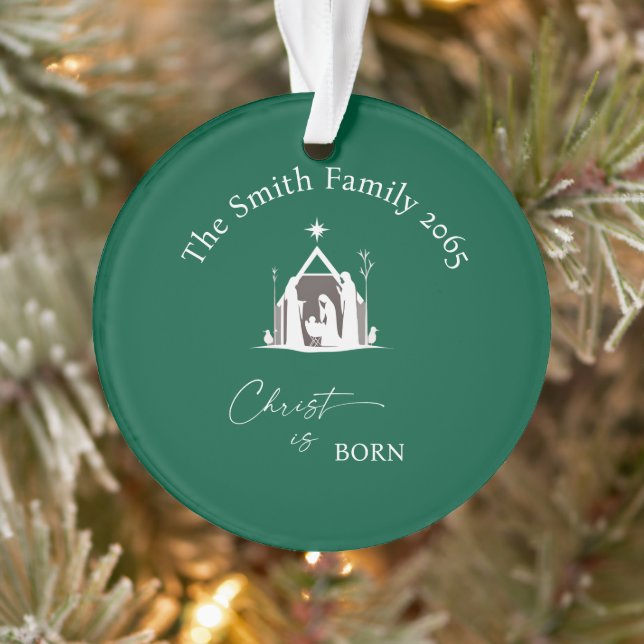 Custom Green Nativity Photo Acrylic  Christmas Ornament (Baum)