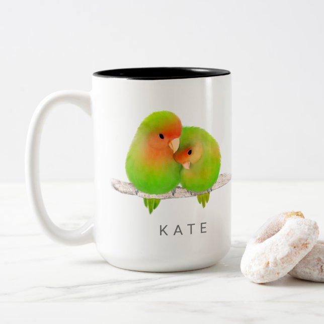 Custom Green Parrots Lovebirds Bird Tasse (Mit Donut)