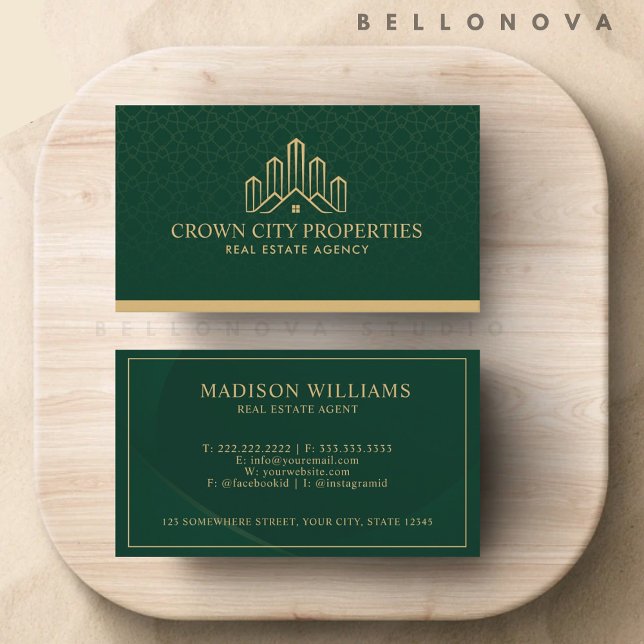 Custom Green und Gold Muster Real Anwesen Agent Visitenkarte (Custom Green And Gold Pattern Real Estate Agent Business Card)