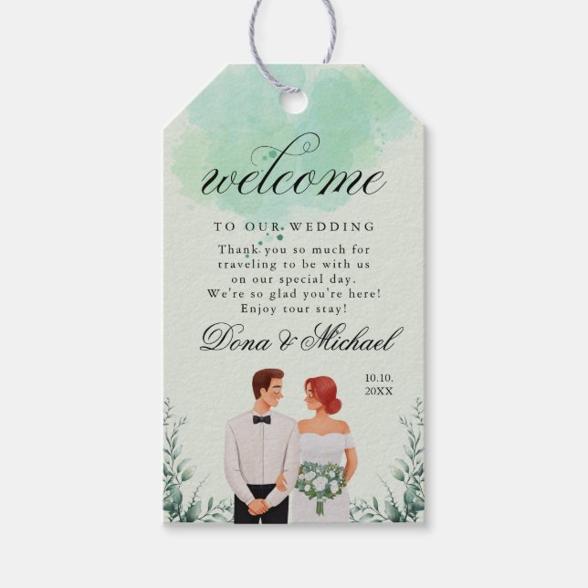 Custom green watercolor flowy wedding geschenkanhänger (Vorderseite)