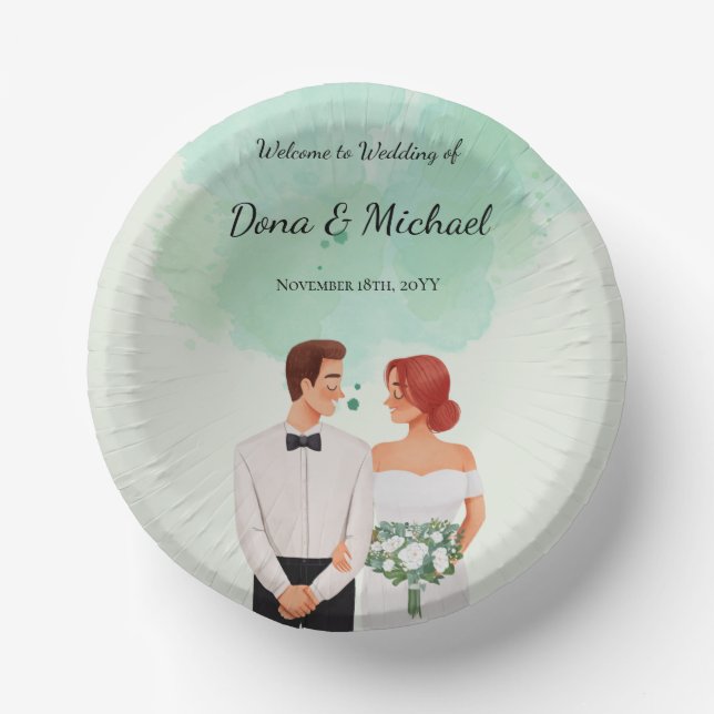 Custom green watercolor flowy wedding pappteller (Vorderseite)