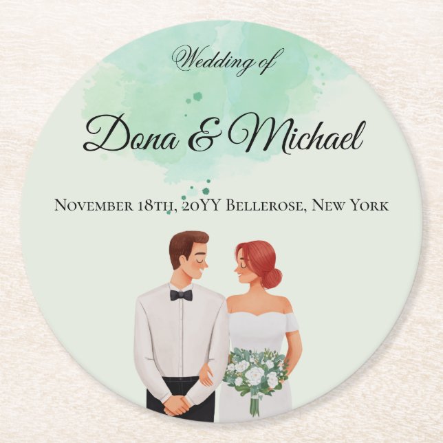 Custom green watercolor flowy wedding runder pappuntersetzer (Vorderseite)