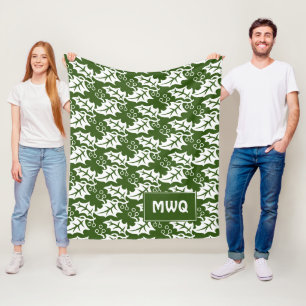 Custom Green White MONOGRAM Blätter Fleecedecke