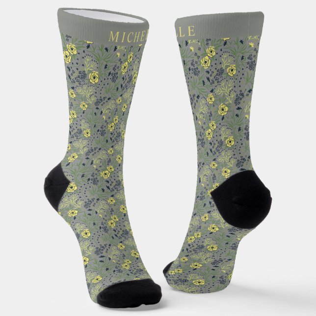 Custom Grey Green Floral Yellow Flowers Socken (Gewinkelt)