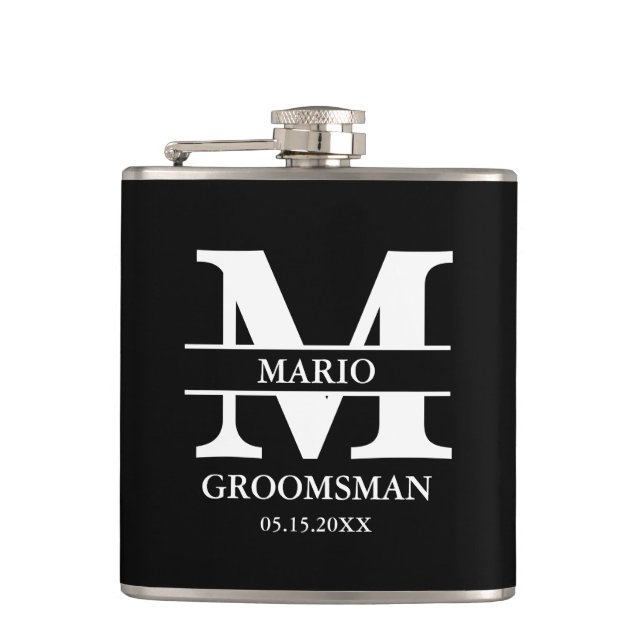 Custom Groomsman Best Man Wedding Monogram Black  Flachmann (Vorderseite)