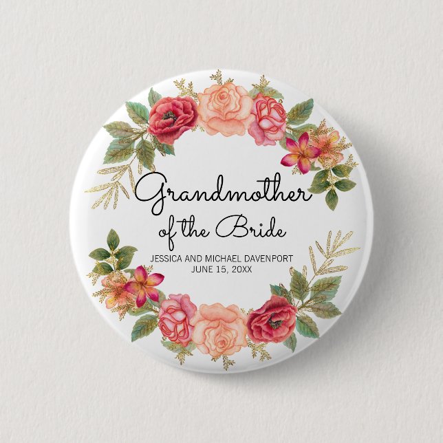 Custom Großmutter of the Bride Pink Red Floral Button (Vorderseite)