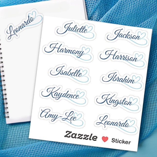 Custom Guest List 10 Names Blue Calligraphy Heart Aufkleber (Von Creator hochgeladen)