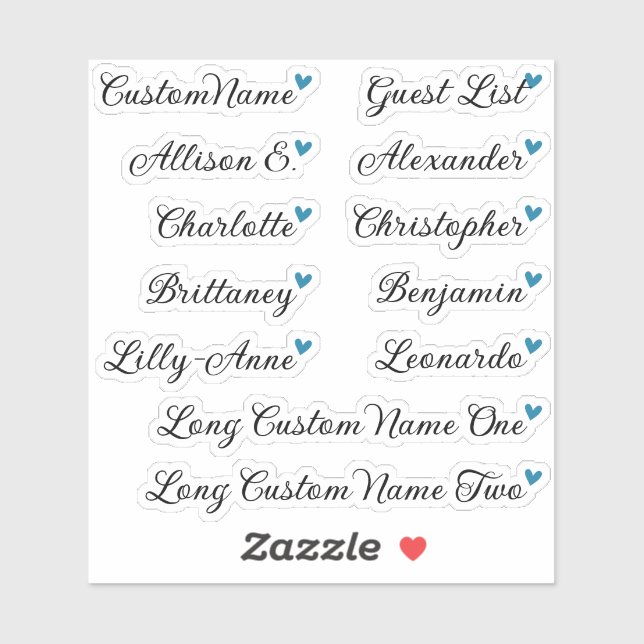 Custom Guest List 12 Names Calligraphy Blue Heart Aufkleber (Blatt)