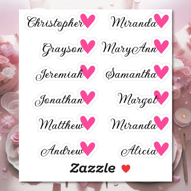 Custom Guest List 12 Names Calligraphy Pink Heart Aufkleber (Von Creator hochgeladen)