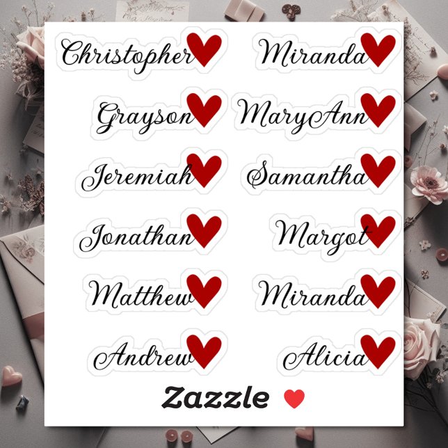Custom Guest List 12 Names Calligraphy Red Heart Aufkleber (Von Creator hochgeladen)