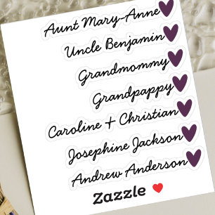 Custom Guest List 7 Names Calligraphy Lila Heart Aufkleber