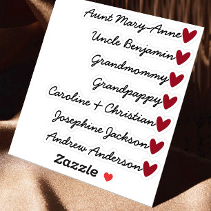 Custom Guest List 7 Names Calligraphy Red Heart Aufkleber