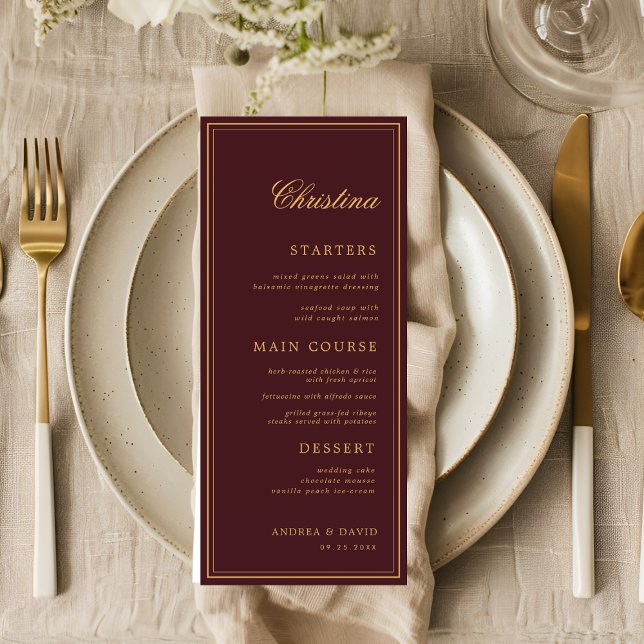 Custom Guest Name Burgundy Gold Place Card Menu Menükarte (Von Creator hochgeladen)
