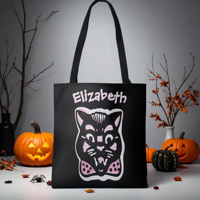 Custom Halloween Cat Dark n Pink Trick oder Trete (Custom name trick or treat bag with black cat with pink bow tie for Halloween.)