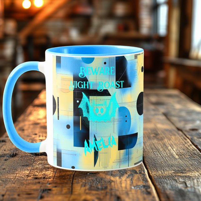 Custom Halloween - Electrical Cyan Bat Night Roast Tasse (Von Creator hochgeladen)