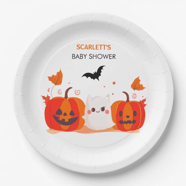 Custom Halloween Ghost & Pumpkins Baby Dusche Pappteller (Vorderseite)
