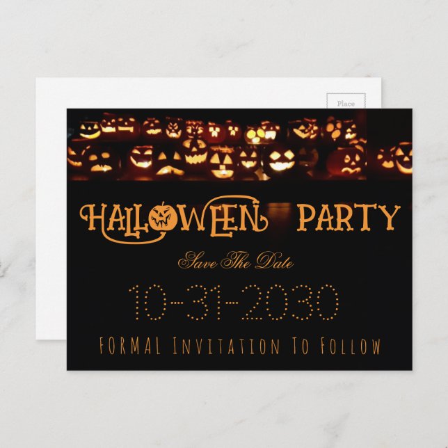 Custom Halloween-Party Save the Date Pumpkin Ankündigungspostkarte (Vorne/Hinten)