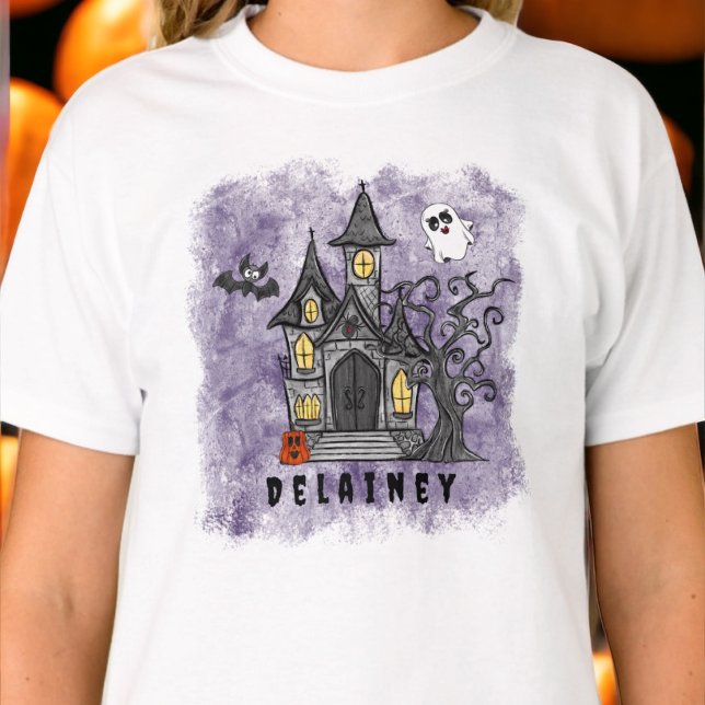 Custom Halloween Spooky Niedliches Spuk Haus Lila T-Shirt (Von Creator hochgeladen)