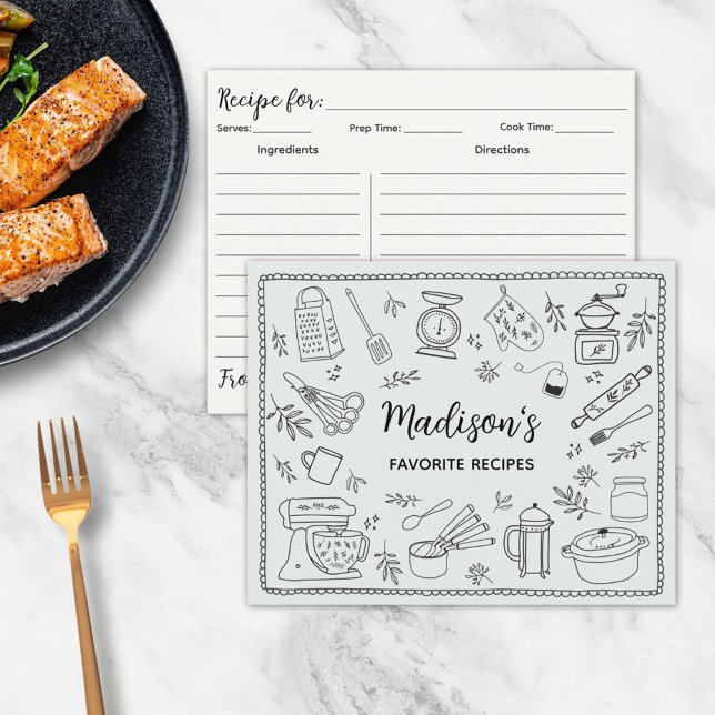 Custom Hand Drawn Kitchen Utensils Recipe Card (In situ)