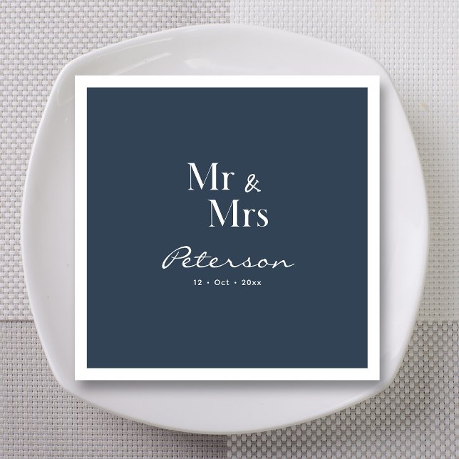 Custom Hand Lettered Navy Blue Mr. und Mrs. Weddin Serviette (Personalized navy blue Mr. and Mrs. wedding napkins)