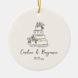 Custom Handwritten Blush Cream Doodle Wedding Cake Keramik Ornament