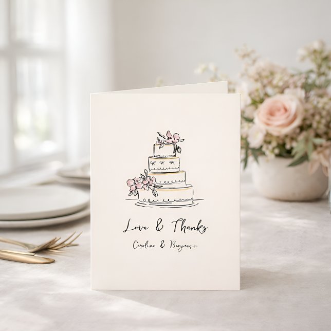 Custom Handwritten Pink Yellow Doodle Wedding Cake Dankeskarte (Von Creator hochgeladen)