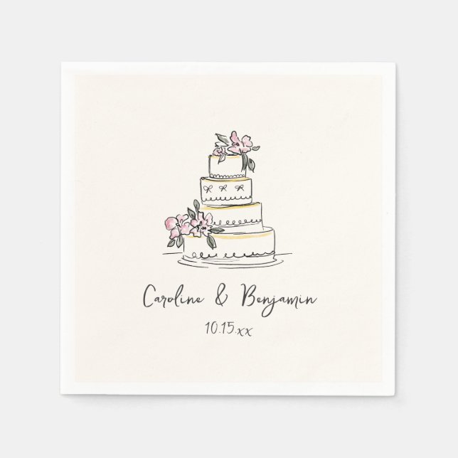 Custom Handwritten Pink Yellow Doodle Wedding Cake Serviette (Vorderseite)