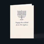 Custom Hanukkah Menorah Minimalist Doodle Letter Feiertagskarte<br><div class="desc">This modern Hanukkah card features a clean navy line-art menorah paired with soft handwritten script for a simple, heartfelt look. The minimalist front keeps the focus on your greeting, while the inside offers space for a warm family letter, yearly update, or personal message. Designed for families who want something elegant...</div>