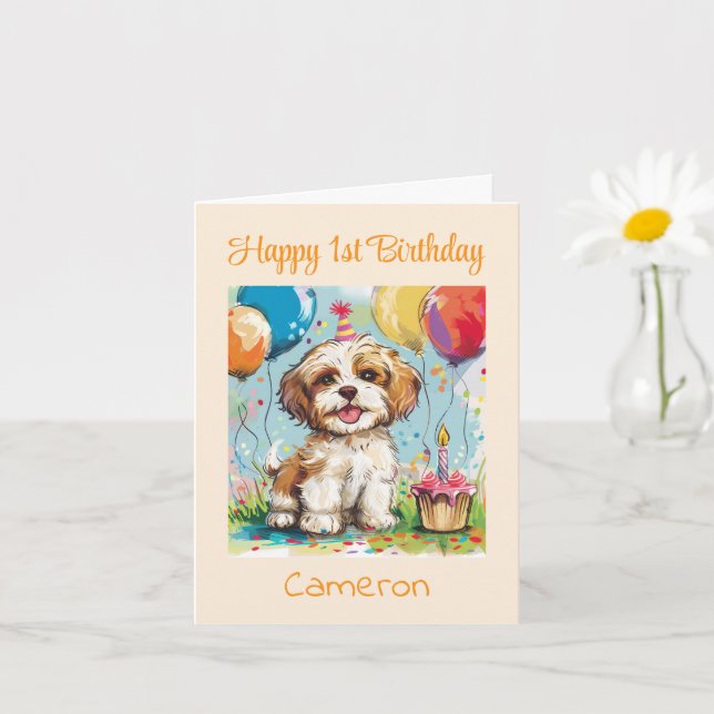 Custom Happy 1st Birthday Congratulations, Puppy  Karte (Kleine Pflanze)