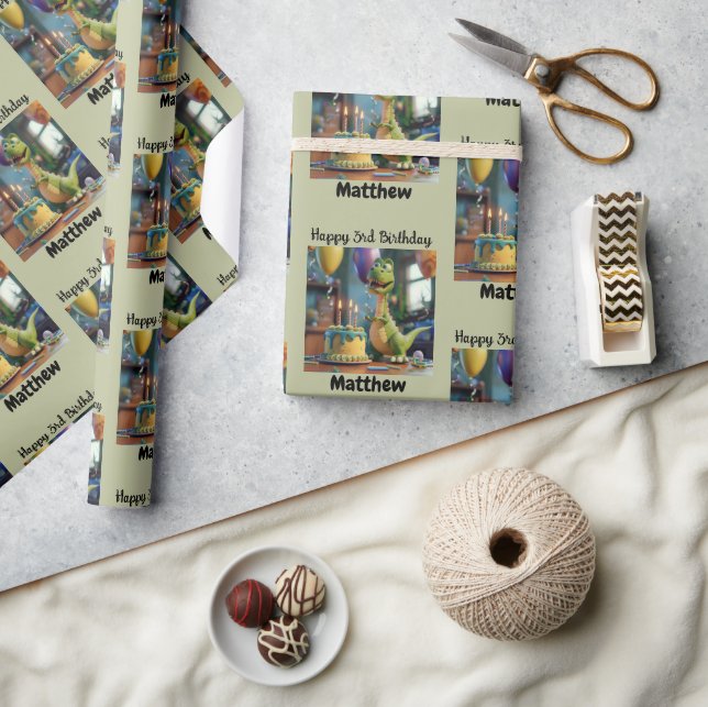 Custom Happy 3rd Birthday Congratulations, Dino   Geschenkpapier (Kunsthandwerk)