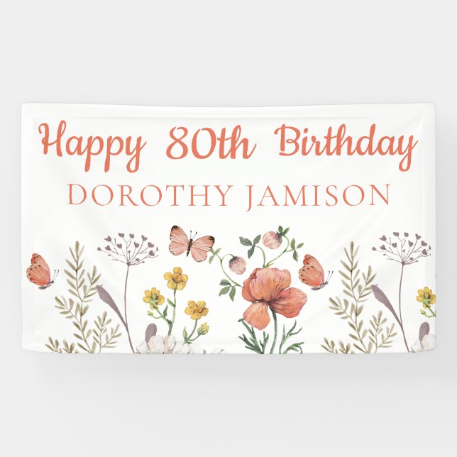 Custom Happy 80. Geburtstag Wildblumen Banner (Horizontal)
